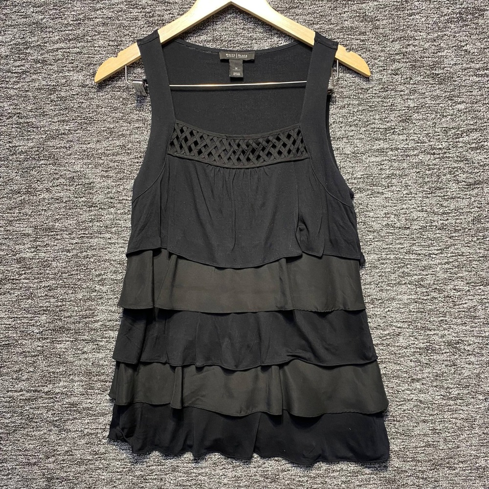 White House Black Market Tank Top Womens Medium Black Tiered Ruffle Lattice Knit